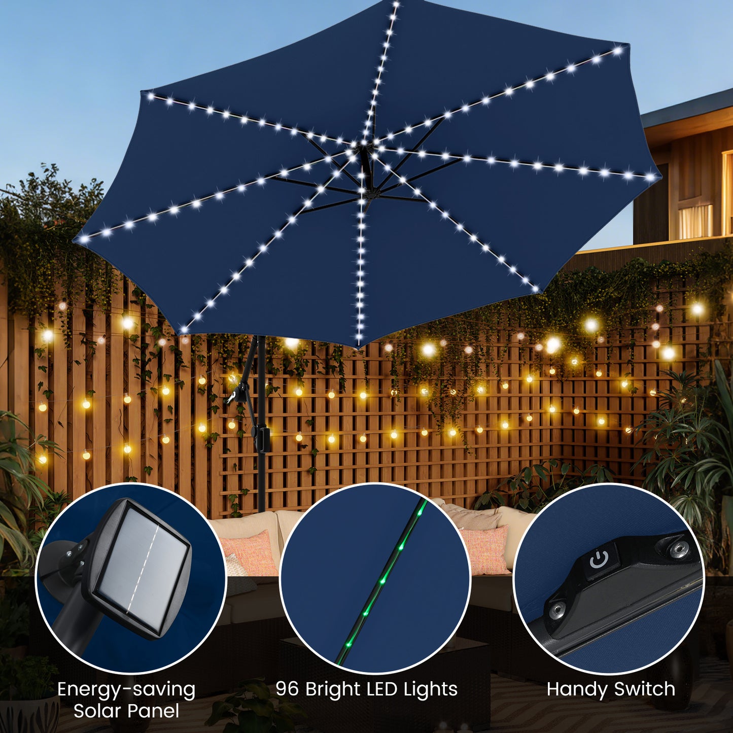 10 Feet Solar Offset Hanging Umbrella with Base and LED Lights, Navy Outdoor Umbrellas at Gallery Canada
