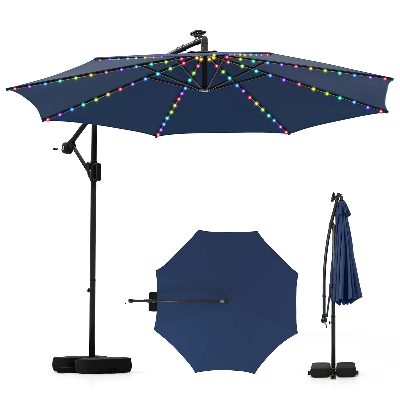 10 Feet Solar Offset Hanging Umbrella With Base, LED Lights, Navy Outdoor Umbrellas at Gallery Canada