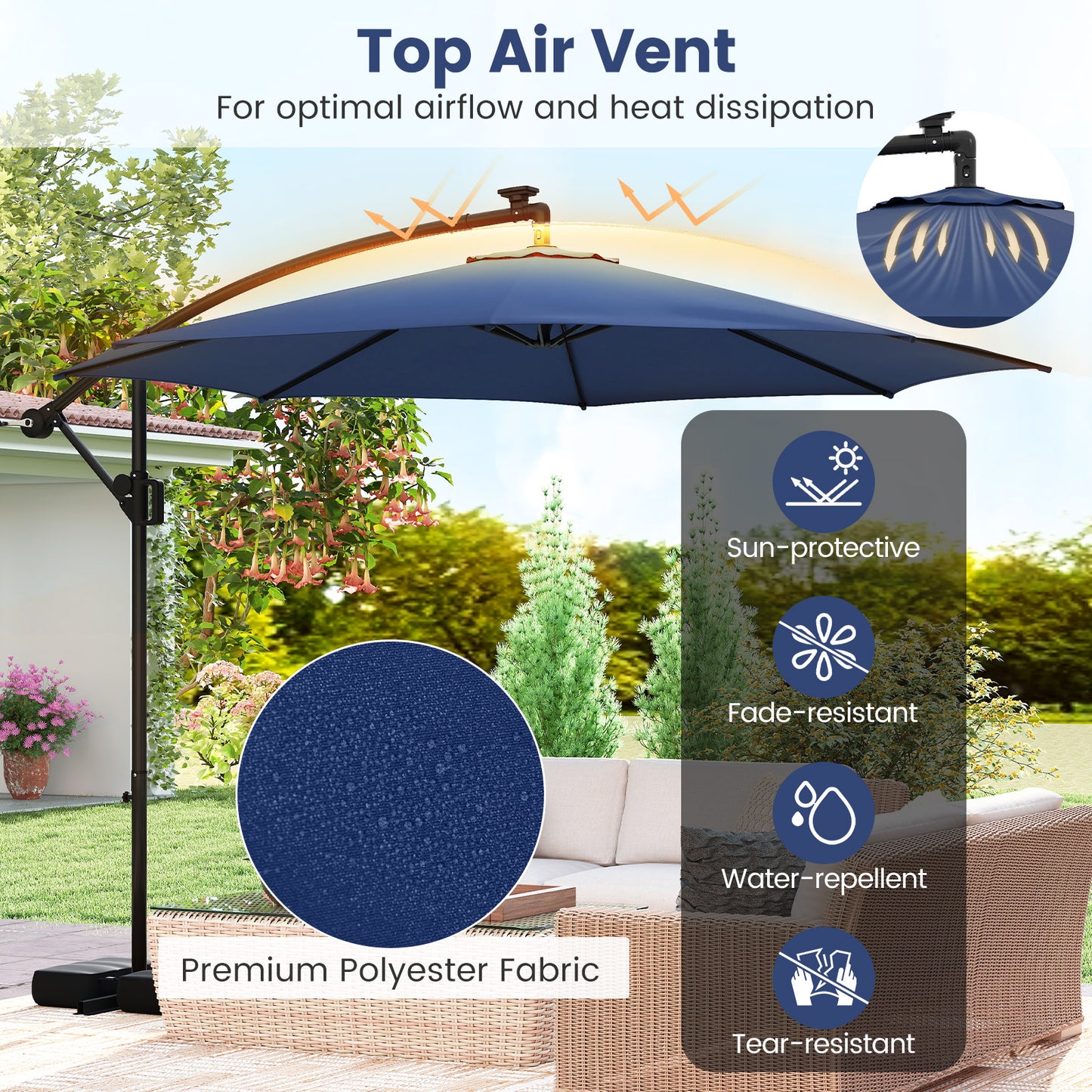 10 Feet Solar Offset Hanging Umbrella with Base and LED Lights, Navy Outdoor Umbrellas at Gallery Canada