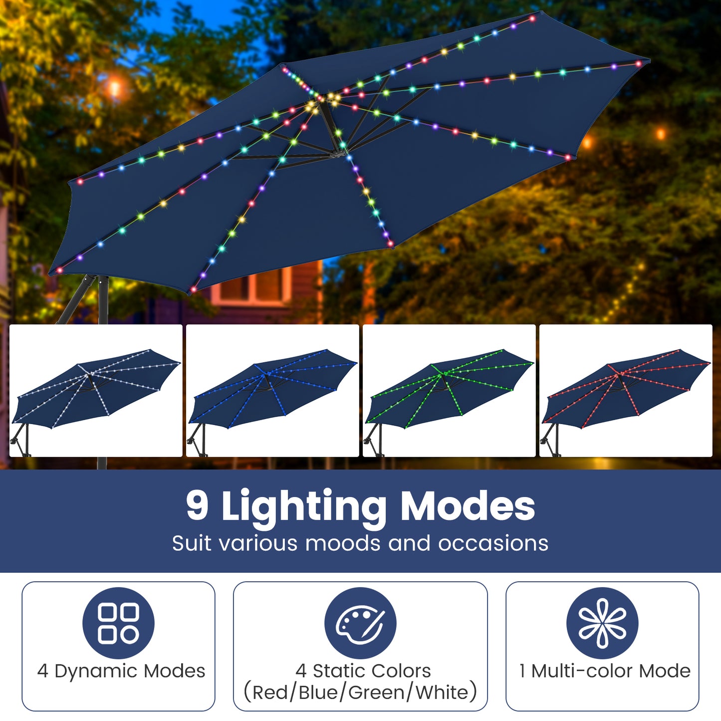 10 Feet Solar Offset Hanging Umbrella with Base and LED Lights, Navy Outdoor Umbrellas at Gallery Canada
