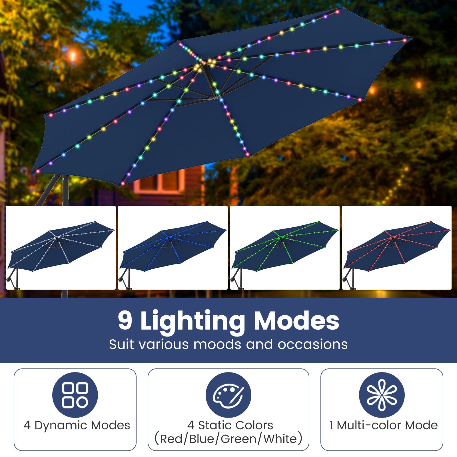 10 Feet Solar Offset Hanging Umbrella with Base and LED Lights, Navy Outdoor Umbrellas at Gallery Canada