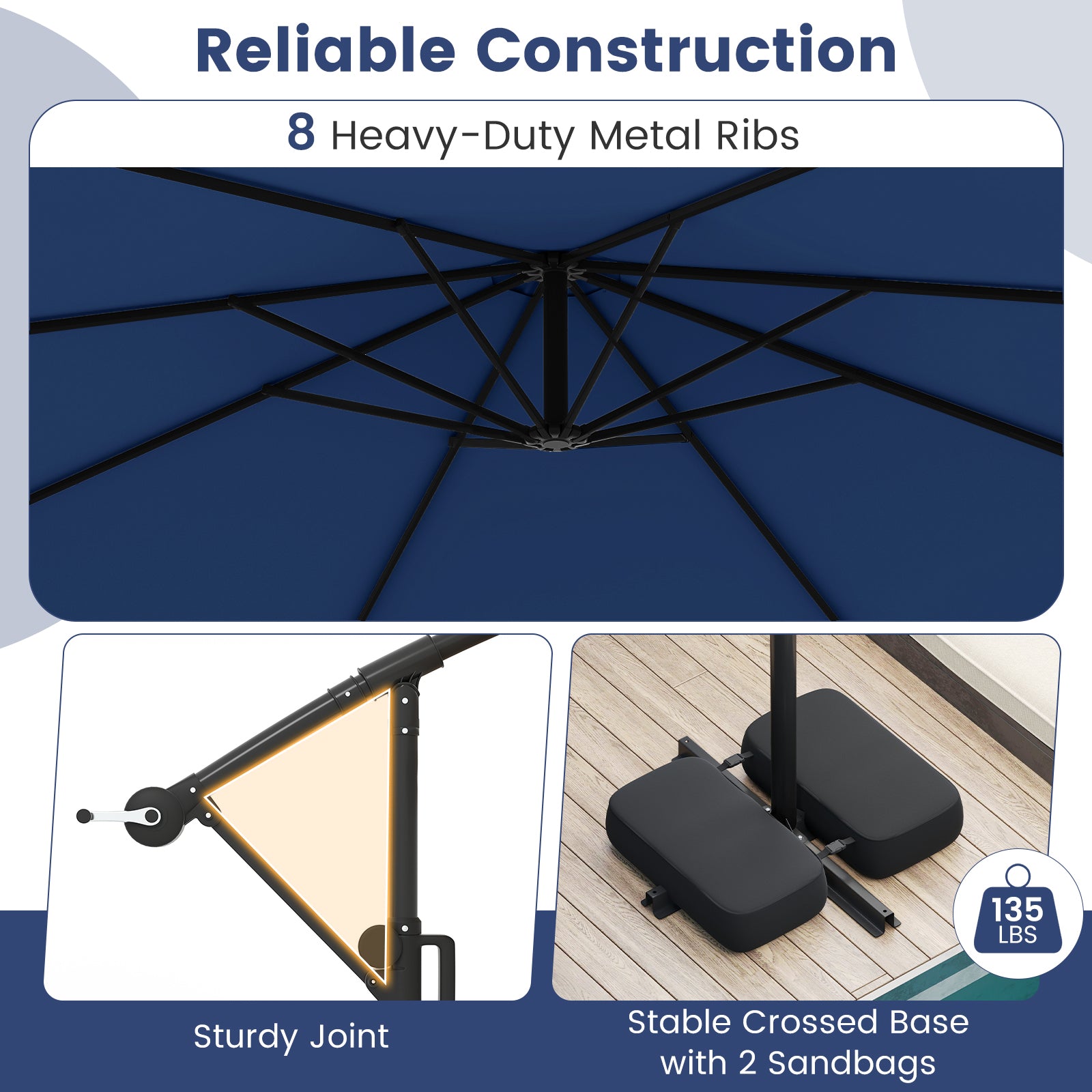 10 Feet Solar Offset Hanging Umbrella with Base and LED Lights, Navy Outdoor Umbrellas at Gallery Canada