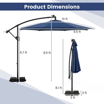 10 Feet Solar Offset Hanging Umbrella with Base and LED Lights, Navy Outdoor Umbrellas at Gallery Canada