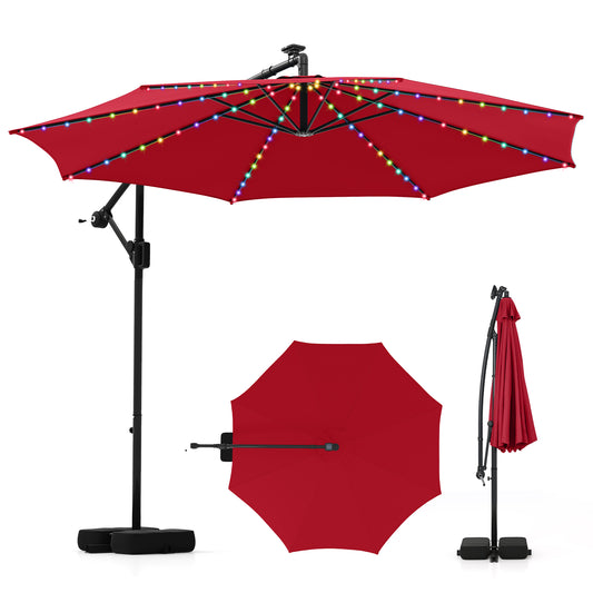 10 Feet Solar Offset Hanging Umbrella, With Base And LED Lights, Red Outdoor Umbrellas Red at Gallery Canada