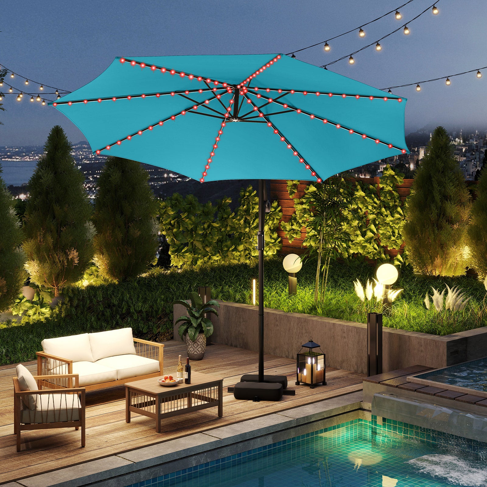 10 Feet Solar Offset Hanging Umbrella with Base and LED Lights, Turquoise Outdoor Umbrellas at Gallery Canada