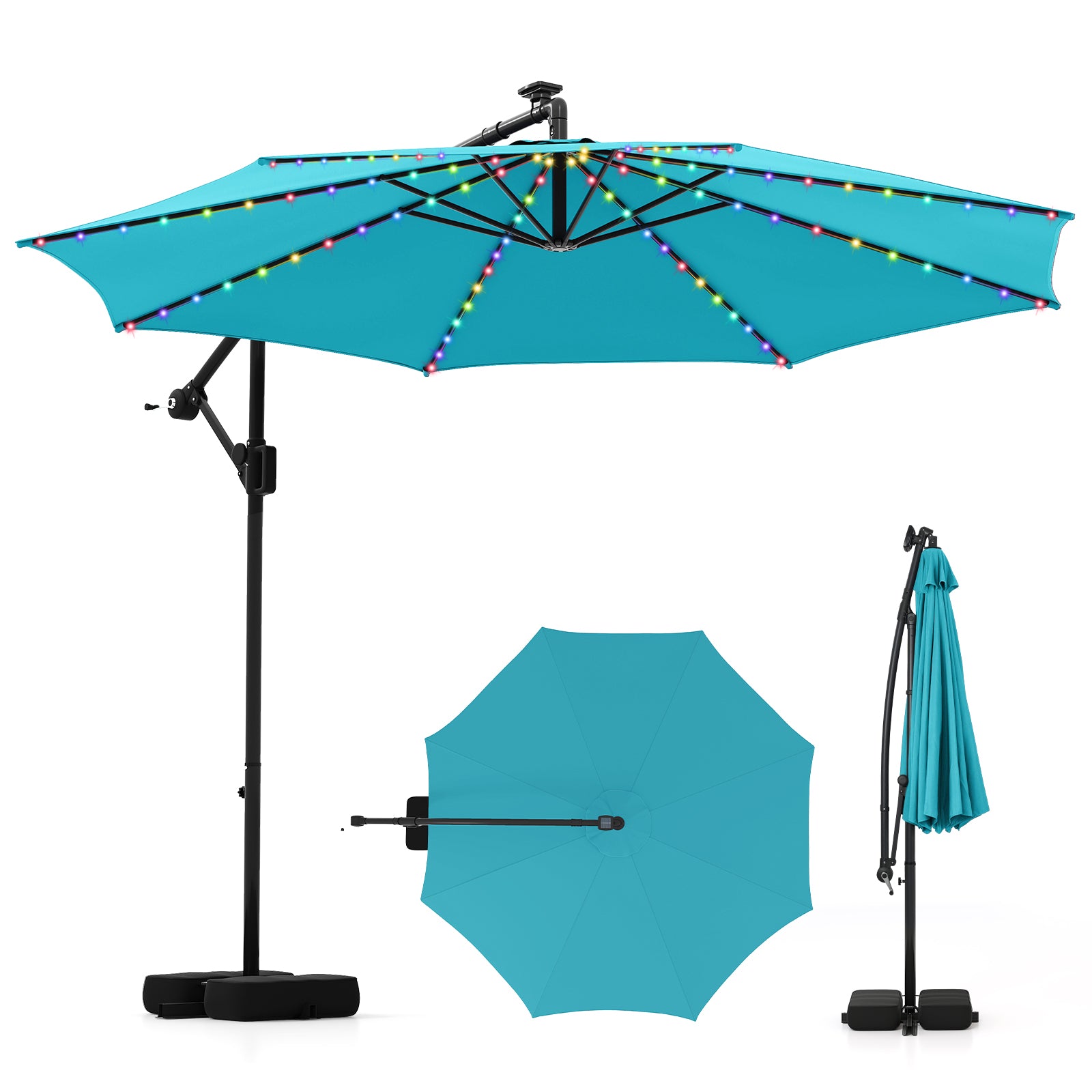 10 Feet Solar Offset Hanging Umbrella with Base and LED Lights, Turquoise Outdoor Umbrellas at Gallery Canada