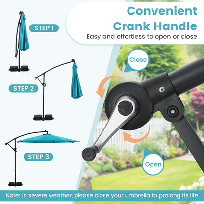 10 Feet Solar Offset Hanging Umbrella with Base and LED Lights, Turquoise Outdoor Umbrellas at Gallery Canada