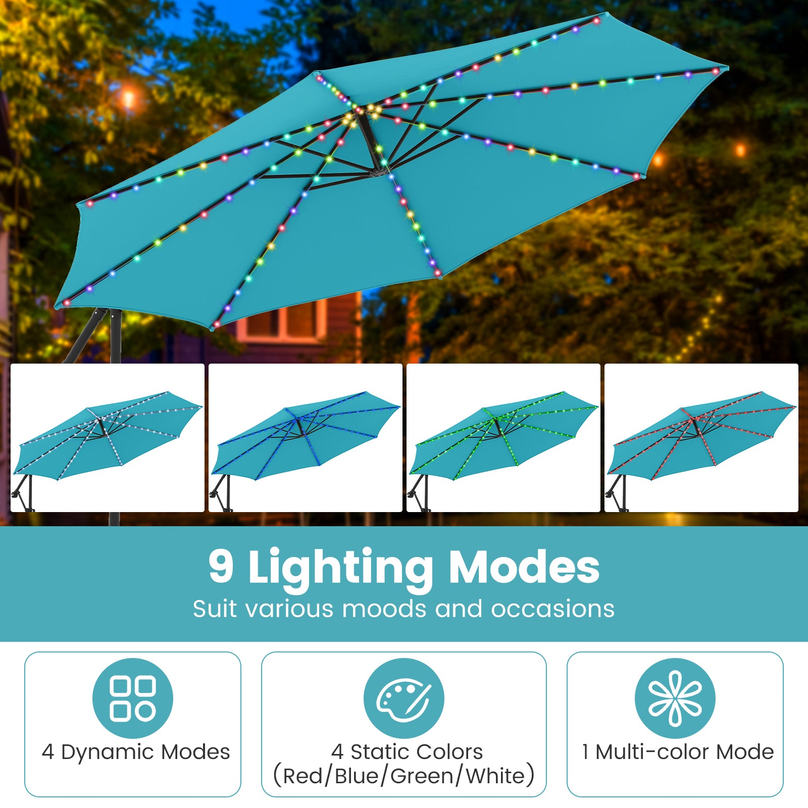 10 Feet Solar Offset Hanging Umbrella with Base and LED Lights, Turquoise Outdoor Umbrellas at Gallery Canada