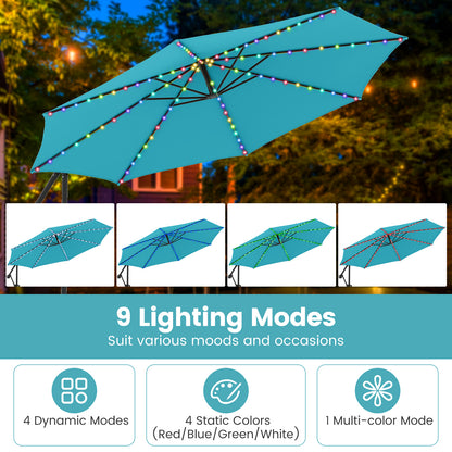 10 Feet Solar Offset Hanging Umbrella with Base and LED Lights, Turquoise Outdoor Umbrellas at Gallery Canada