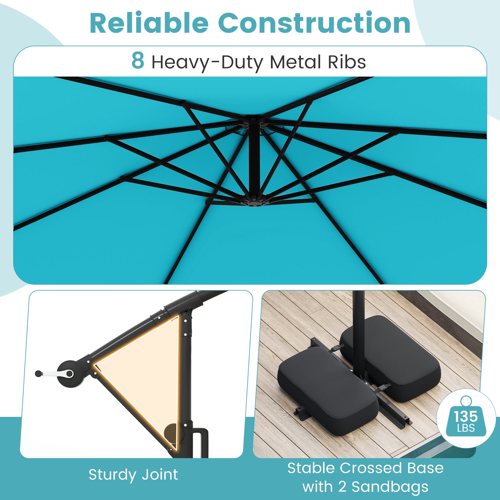 10 Feet Solar Offset Hanging Umbrella with Base and LED Lights, Turquoise Outdoor Umbrellas at Gallery Canada