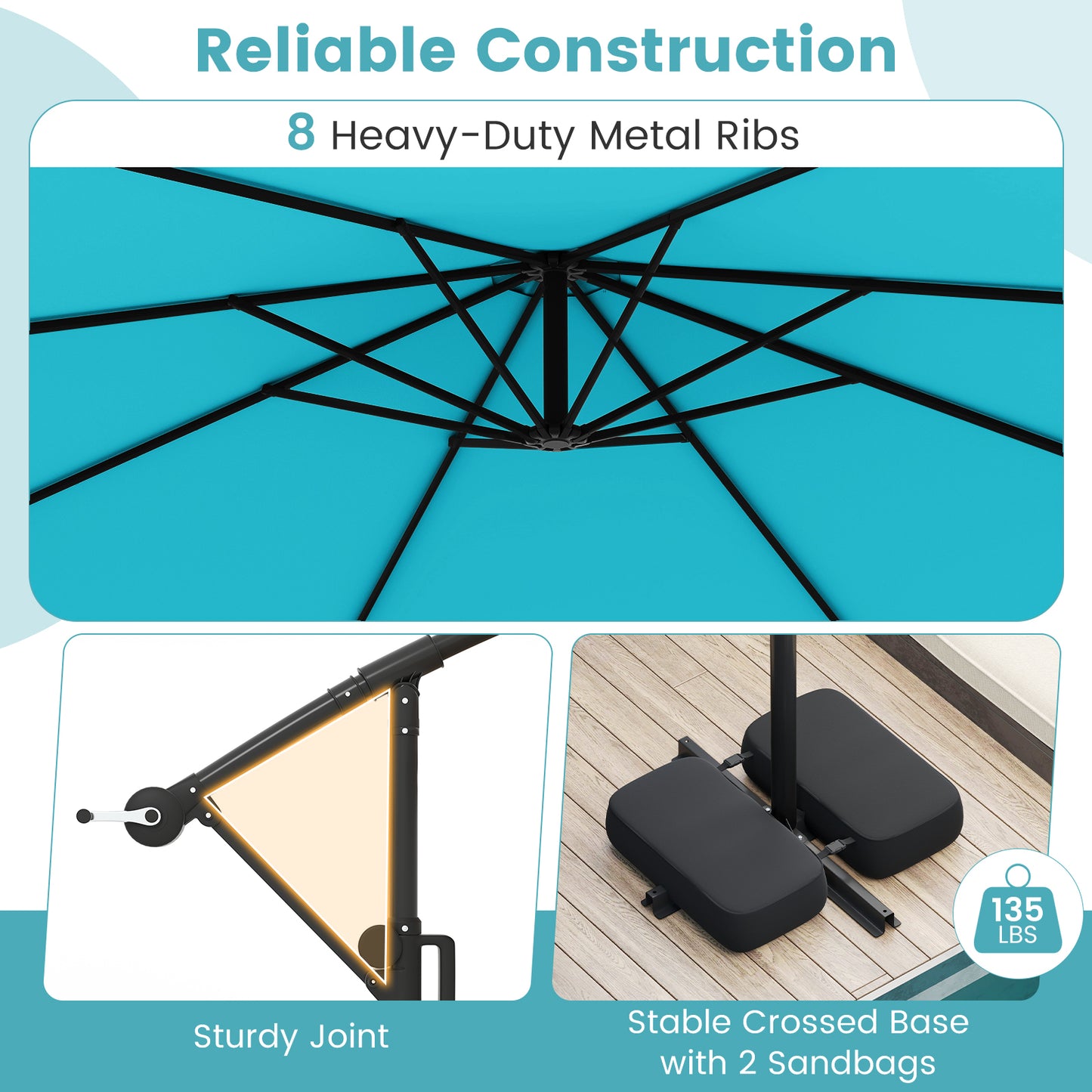 10 Feet Solar Offset Hanging Umbrella with Base and LED Lights, Turquoise Outdoor Umbrellas at Gallery Canada