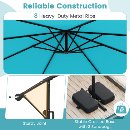 10 Feet Solar Offset Hanging Umbrella with Base and LED Lights, Turquoise Outdoor Umbrellas at Gallery Canada