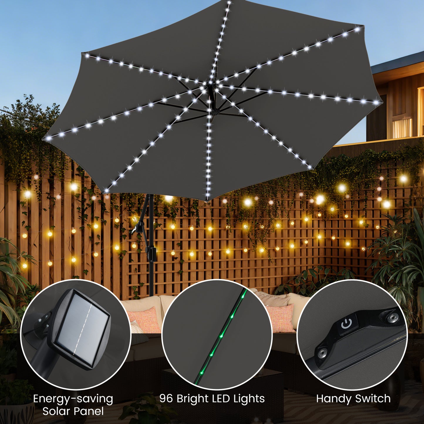 10 Feet Solar Offset Hanging Umbrella with Base and LED Lights, Gray Outdoor Umbrellas at Gallery Canada