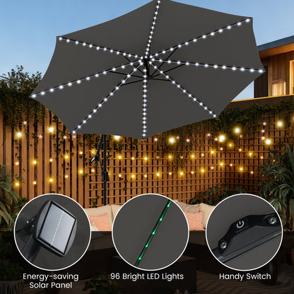 10 Feet Solar Offset Hanging Umbrella with Base and LED Lights, Gray Outdoor Umbrellas at Gallery Canada