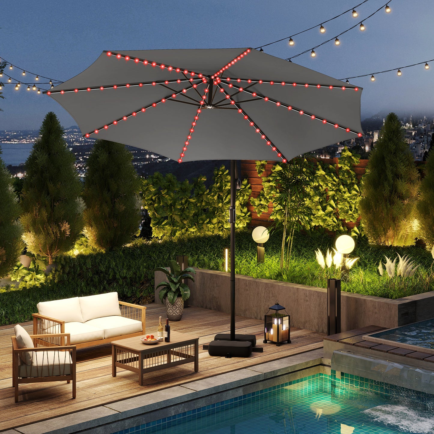 10 Feet Solar Offset Hanging Umbrella with Base and LED Lights, Gray Outdoor Umbrellas at Gallery Canada