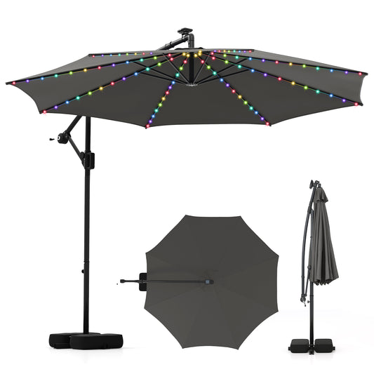10 Feet Solar Offset Hanging Umbrella, With Base And LED Lights, Gray Outdoor Umbrellas Gray at Gallery Canada