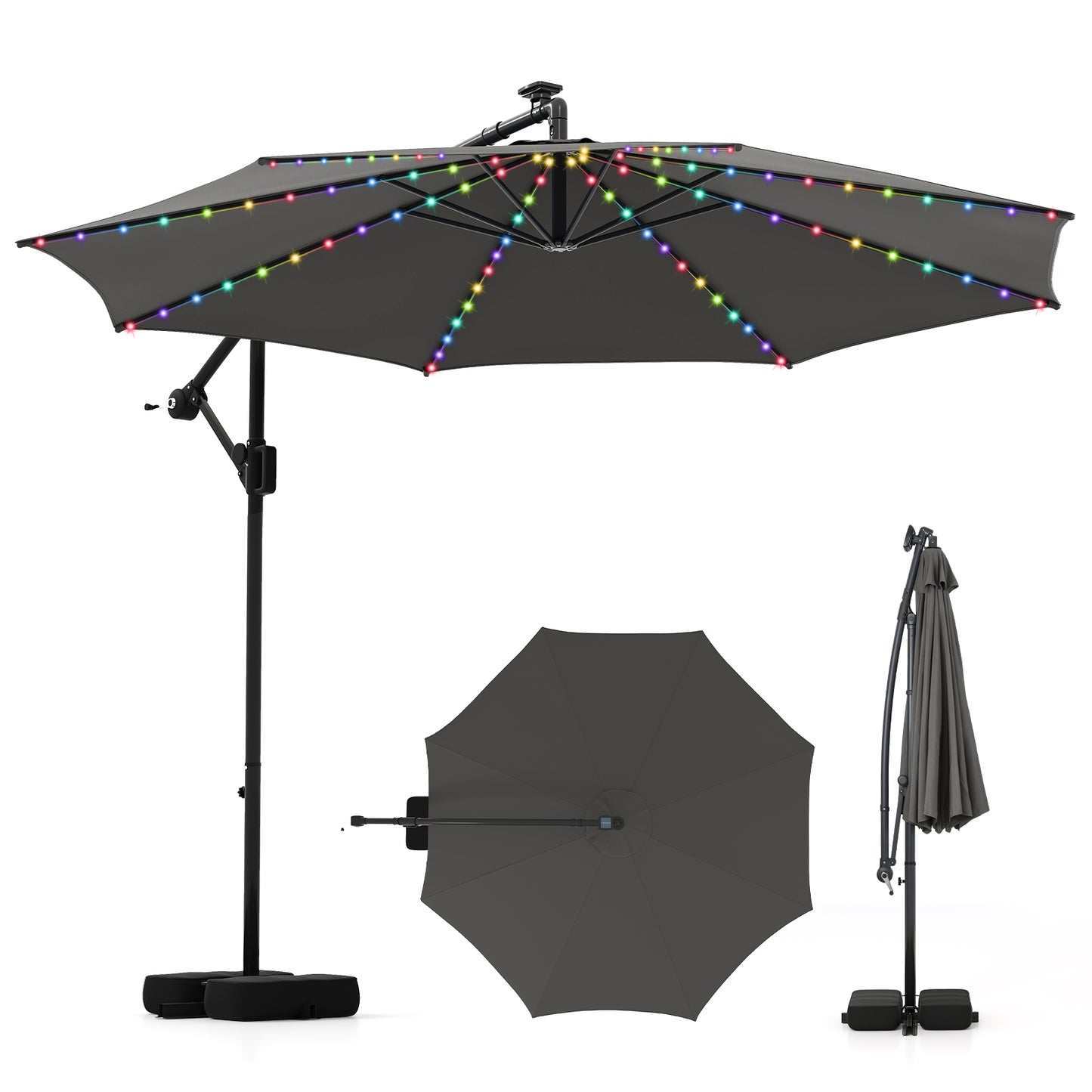 10 Feet Solar Offset Hanging Umbrella, With Base And LED Lights, Gray Outdoor Umbrellas at Gallery Canada