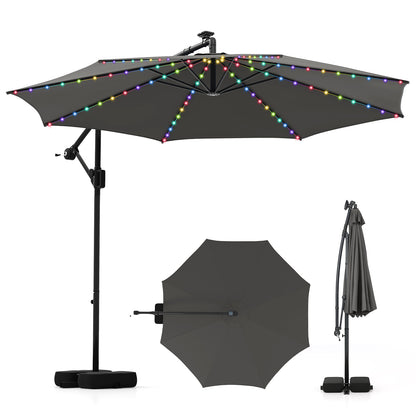 10 Feet Solar Offset Hanging Umbrella, With Base And LED Lights, Gray Outdoor Umbrellas at Gallery Canada