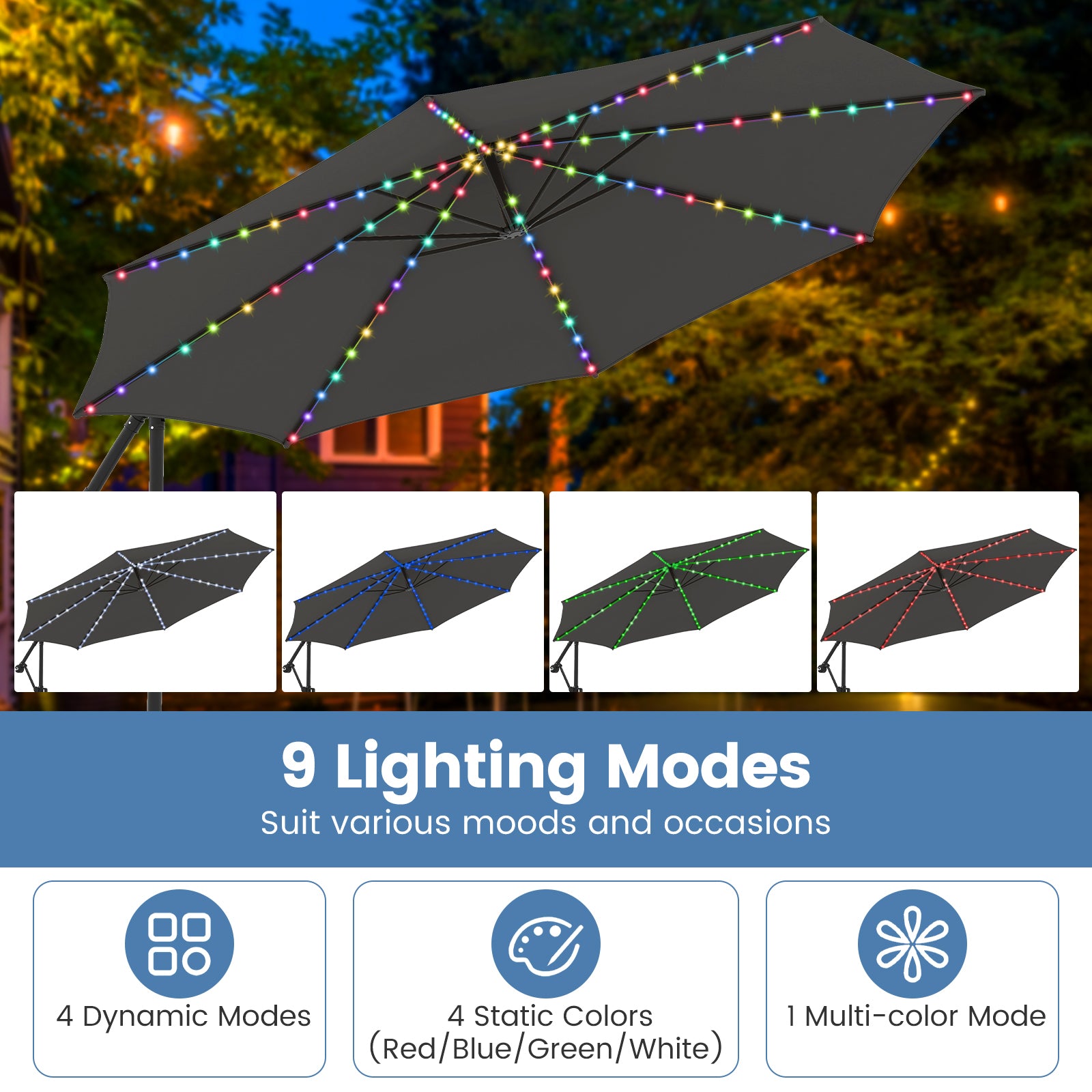 10 Feet Solar Offset Hanging Umbrella with Base and LED Lights, Gray Outdoor Umbrellas at Gallery Canada