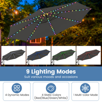10 Feet Solar Offset Hanging Umbrella with Base and LED Lights, Gray Outdoor Umbrellas at Gallery Canada
