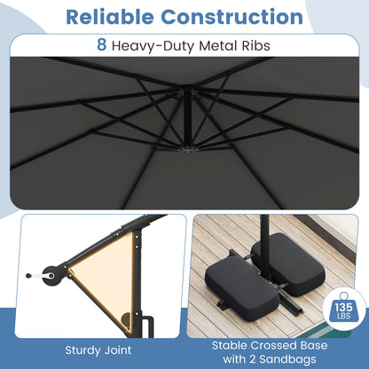 10 Feet Solar Offset Hanging Umbrella with Base and LED Lights, Gray Outdoor Umbrellas at Gallery Canada
