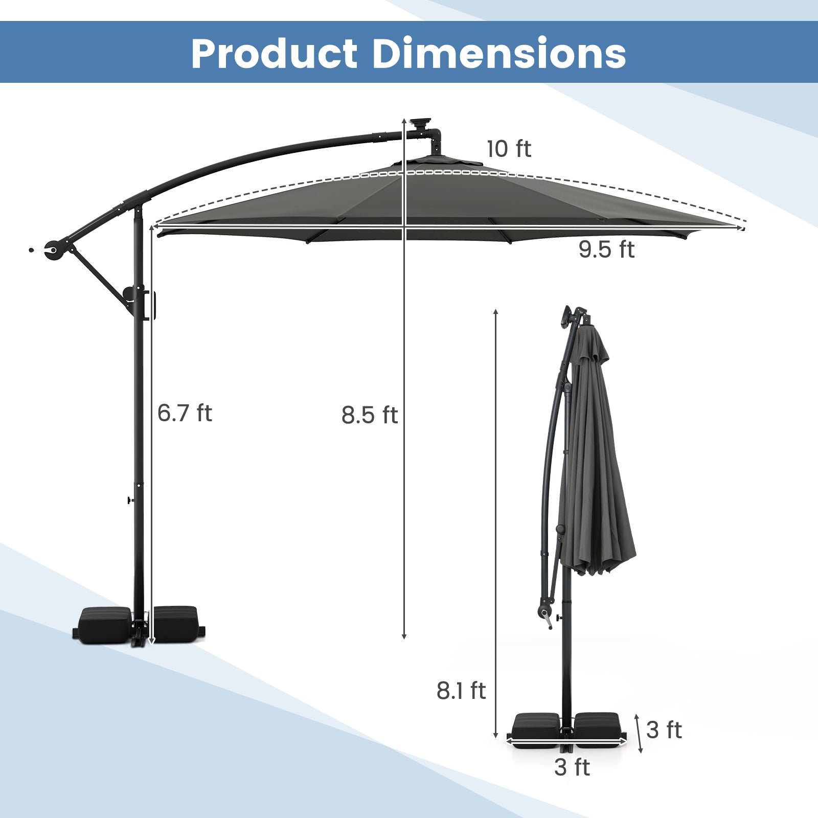 10 Feet Solar Offset Hanging Umbrella with Base and LED Lights, Gray Outdoor Umbrellas at Gallery Canada