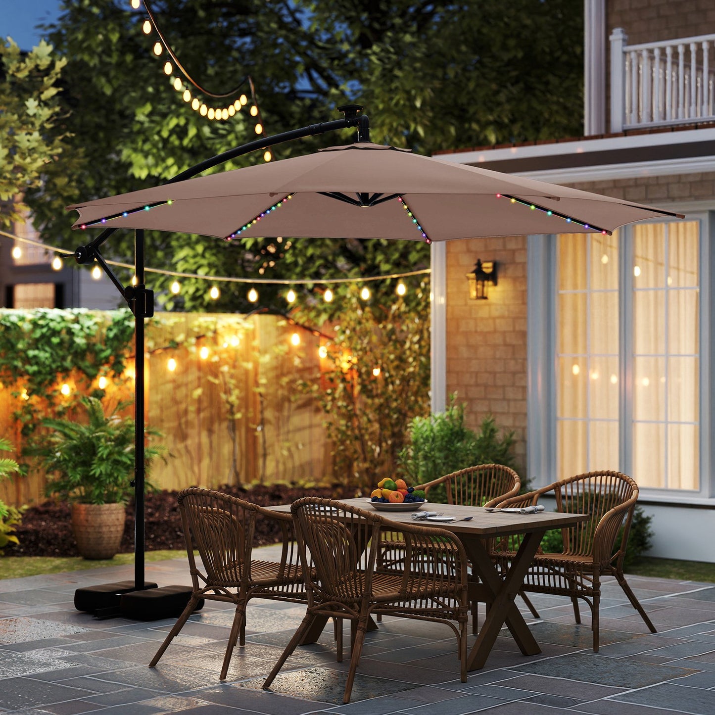 10 Feet Solar Offset Hanging Umbrella with Base and LED Lights, Coffee Outdoor Umbrellas at Gallery Canada