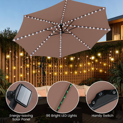 10 Feet Solar Offset Hanging Umbrella with Base and LED Lights, Coffee Outdoor Umbrellas at Gallery Canada