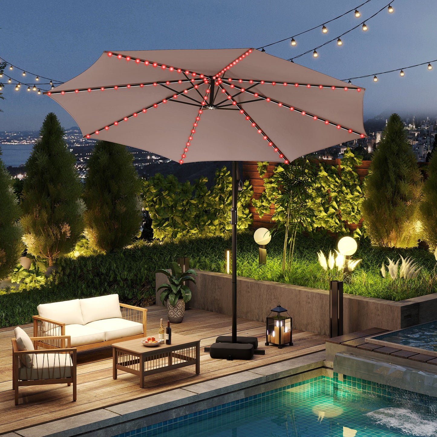 10 Feet Solar Offset Hanging Umbrella with Base and LED Lights, Coffee Outdoor Umbrellas at Gallery Canada