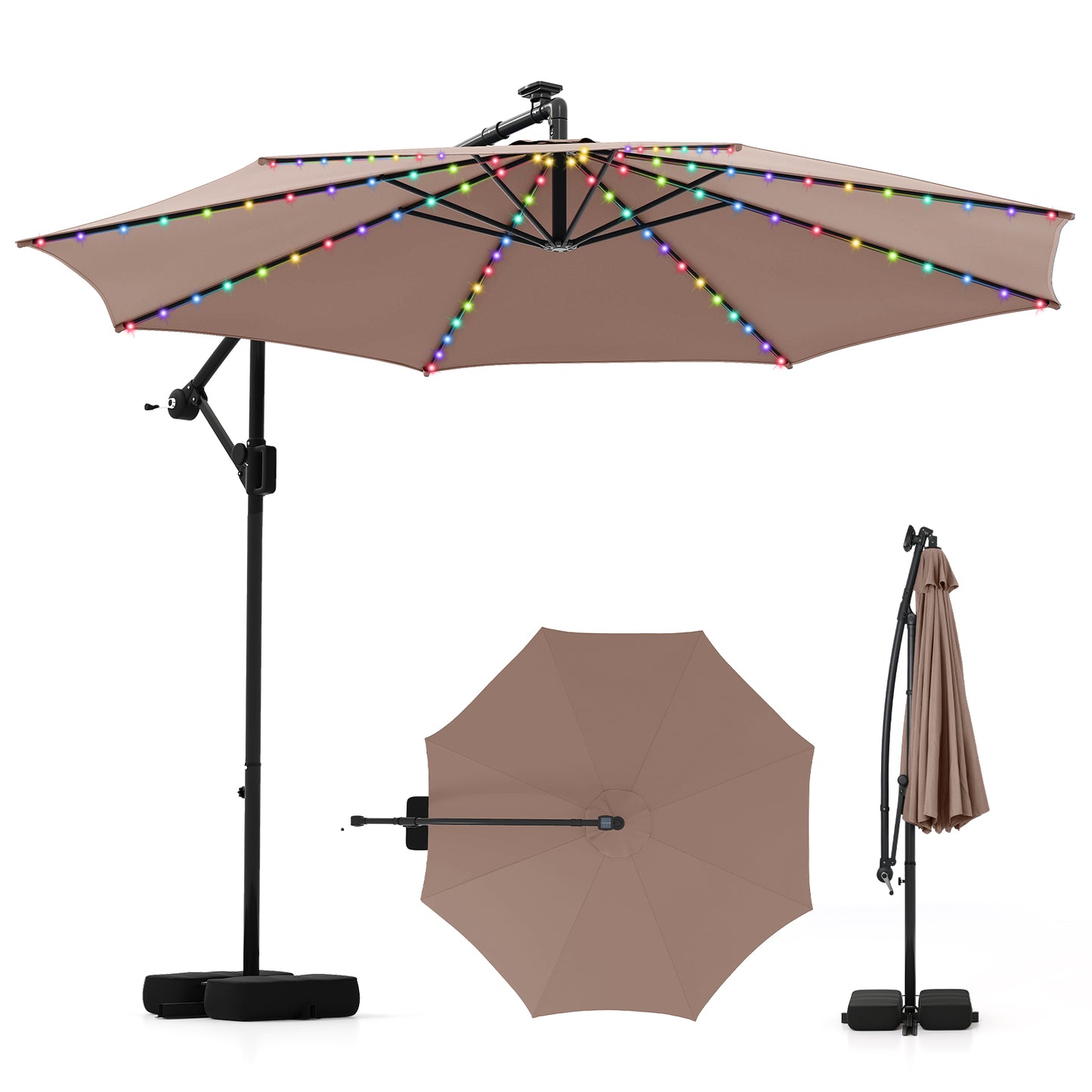 10 Feet Solar Offset Hanging Umbrella with Base and LED Lights, Coffee Outdoor Umbrellas Coffee at Gallery Canada