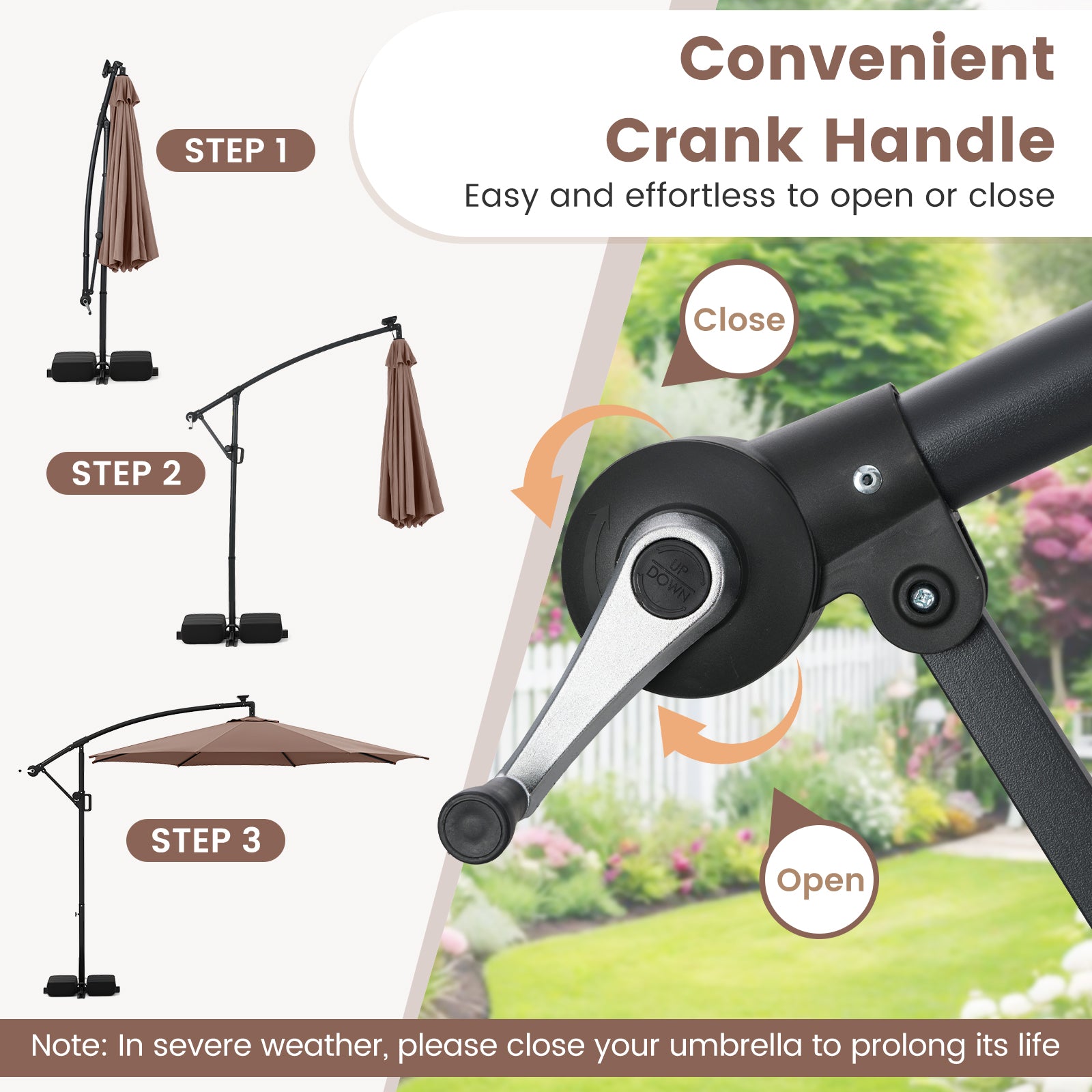 10 Feet Solar Offset Hanging Umbrella with Base and LED Lights, Coffee Outdoor Umbrellas at Gallery Canada