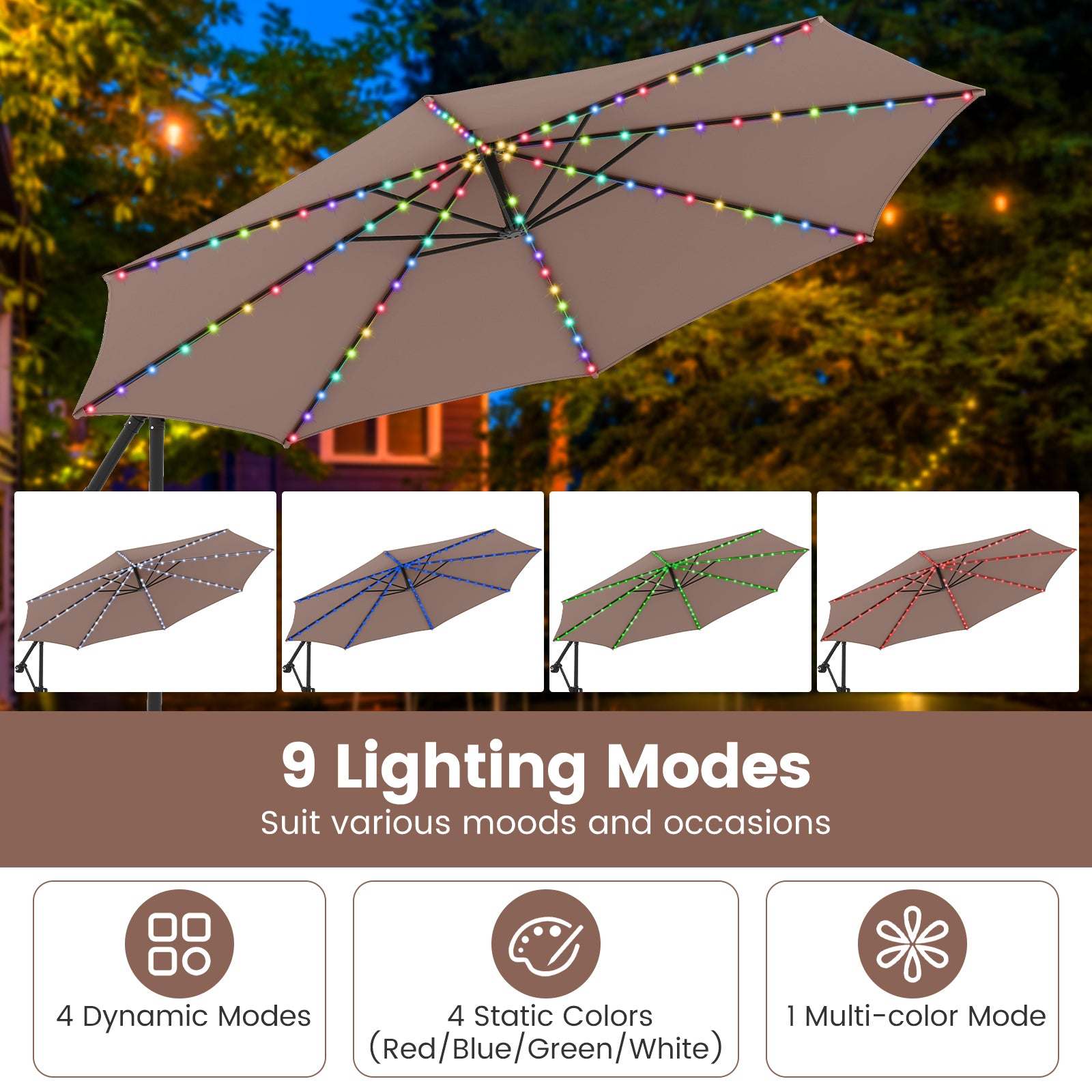10 Feet Solar Offset Hanging Umbrella with Base and LED Lights, Coffee Outdoor Umbrellas at Gallery Canada