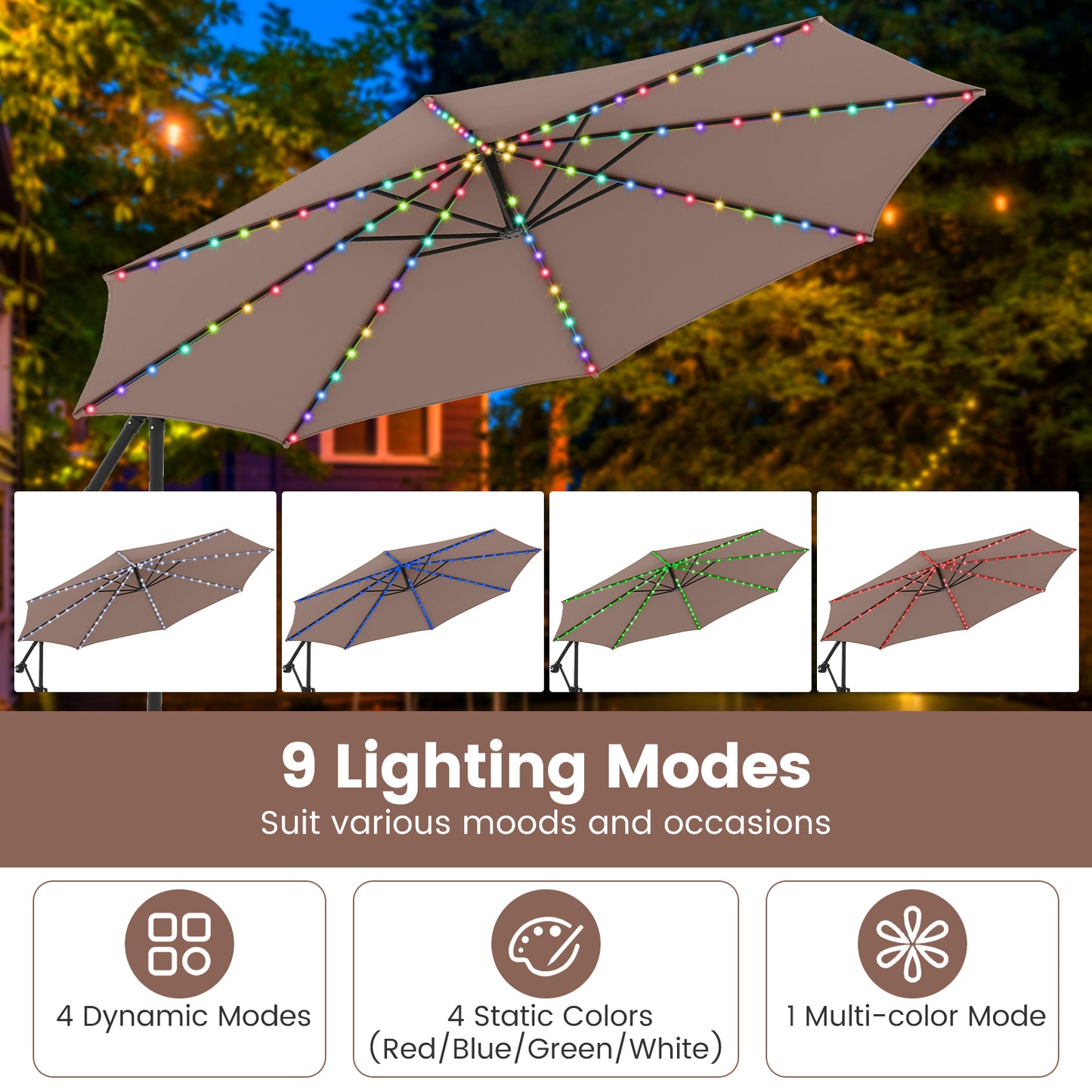 10 Feet Solar Offset Hanging Umbrella with Base and LED Lights, Coffee Outdoor Umbrellas at Gallery Canada