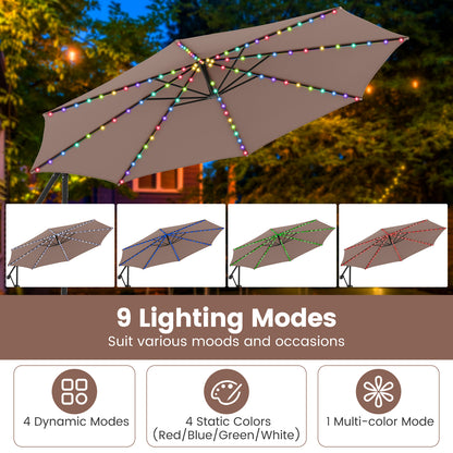 10 Feet Solar Offset Hanging Umbrella with Base and LED Lights, Coffee Outdoor Umbrellas at Gallery Canada