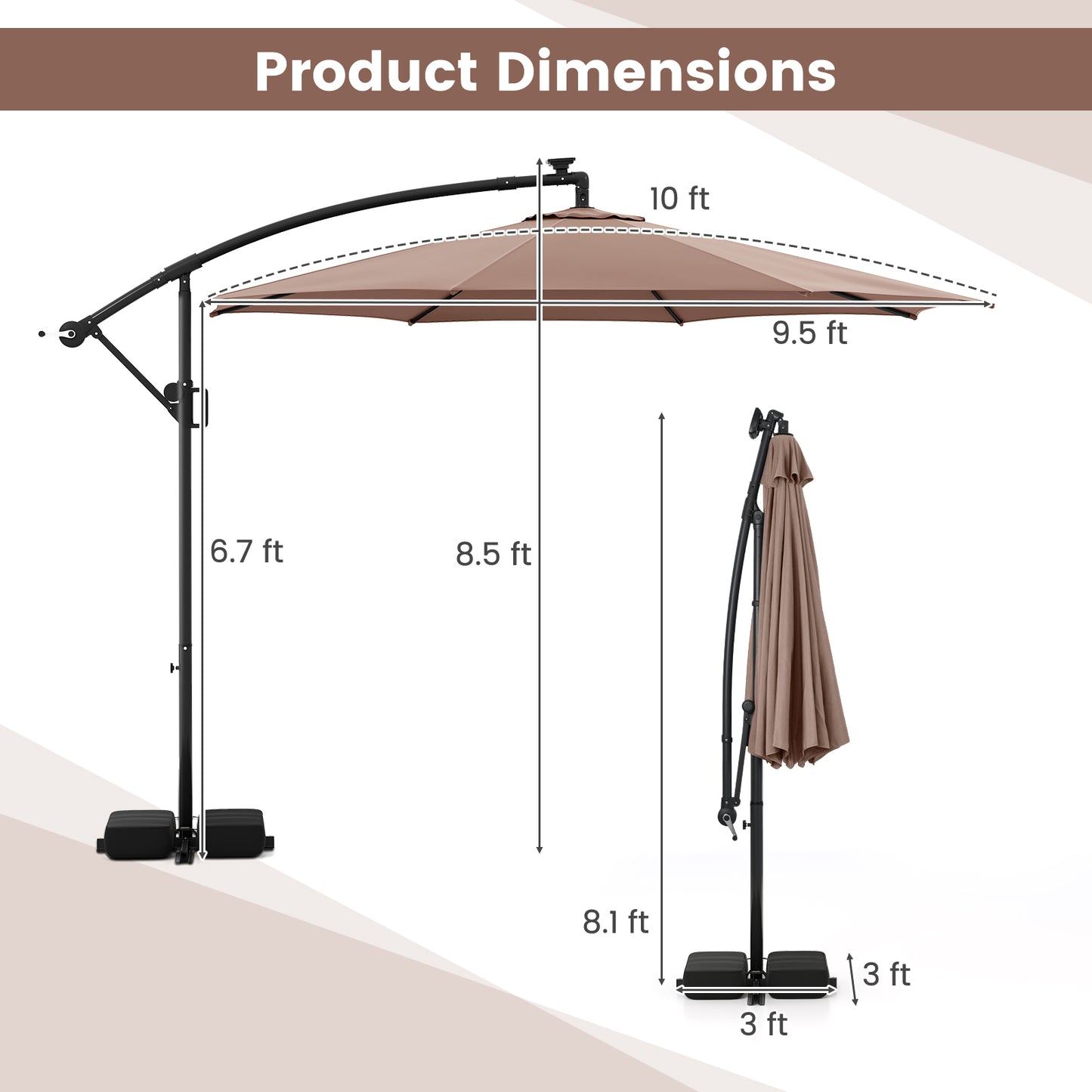 10 Feet Solar Offset Hanging Umbrella with Base and LED Lights, Coffee Outdoor Umbrellas at Gallery Canada