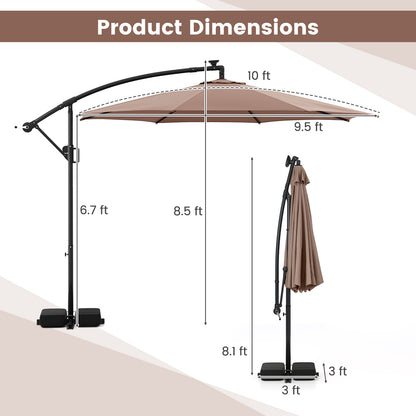 10 Feet Solar Offset Hanging Umbrella with Base and LED Lights, Coffee Outdoor Umbrellas at Gallery Canada