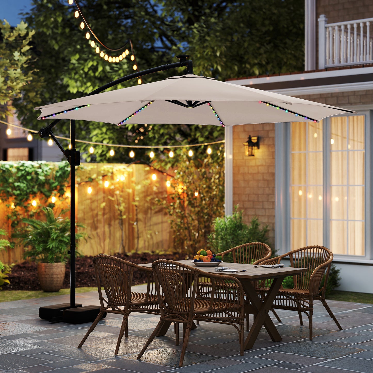10 Feet Solar Offset Hanging Umbrella with Base and LED Lights, Beige Outdoor Umbrellas at Gallery Canada