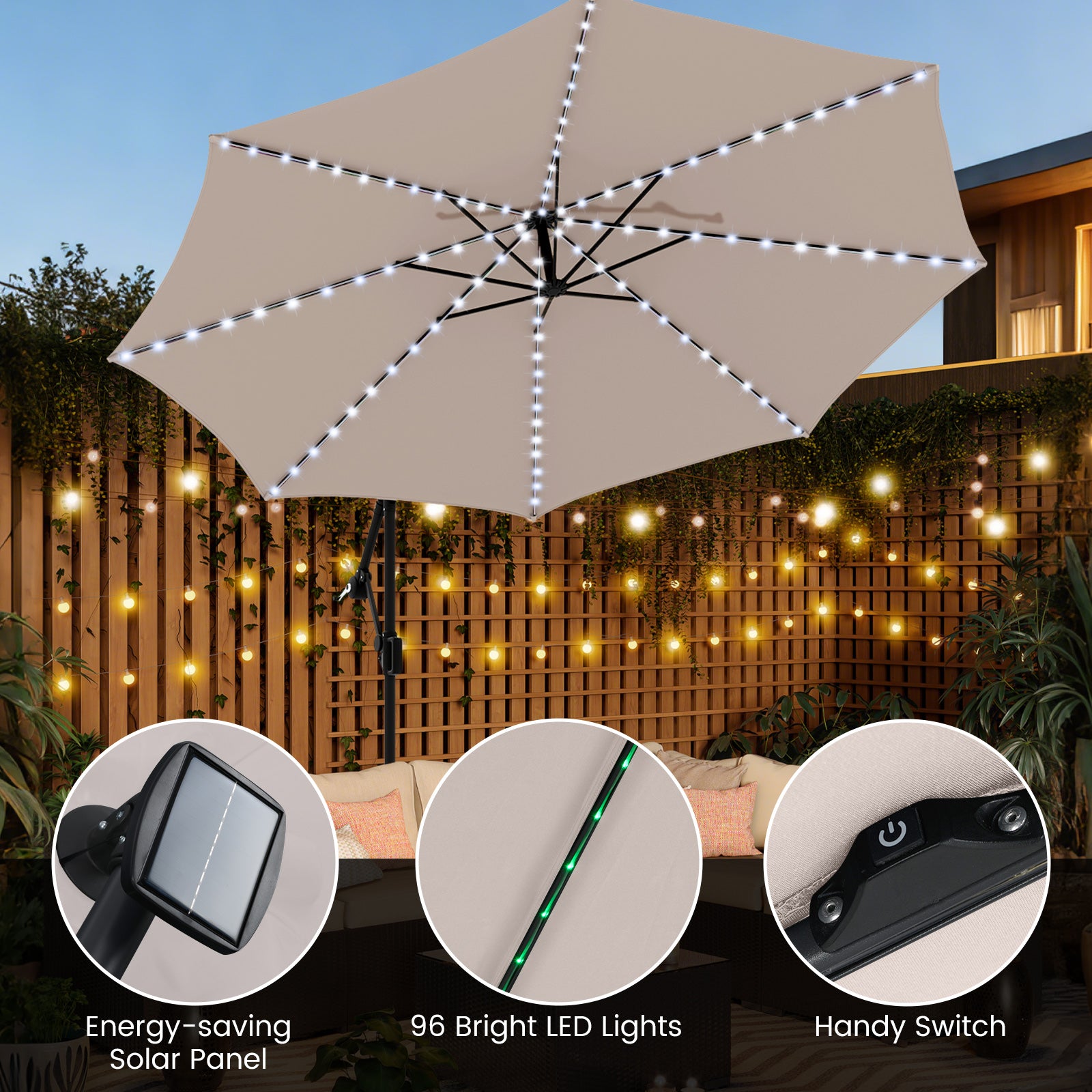 10 Feet Solar Offset Hanging Umbrella with Base and LED Lights, Beige Outdoor Umbrellas at Gallery Canada