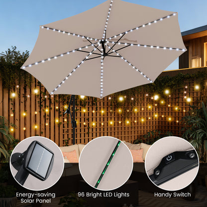 10 Feet Solar Offset Hanging Umbrella with Base and LED Lights, Beige Outdoor Umbrellas at Gallery Canada