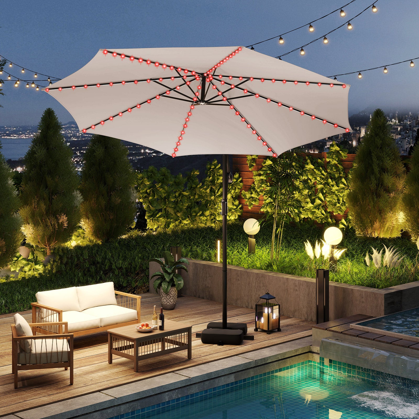 10 Feet Solar Offset Hanging Umbrella with Base and LED Lights, Beige Outdoor Umbrellas at Gallery Canada