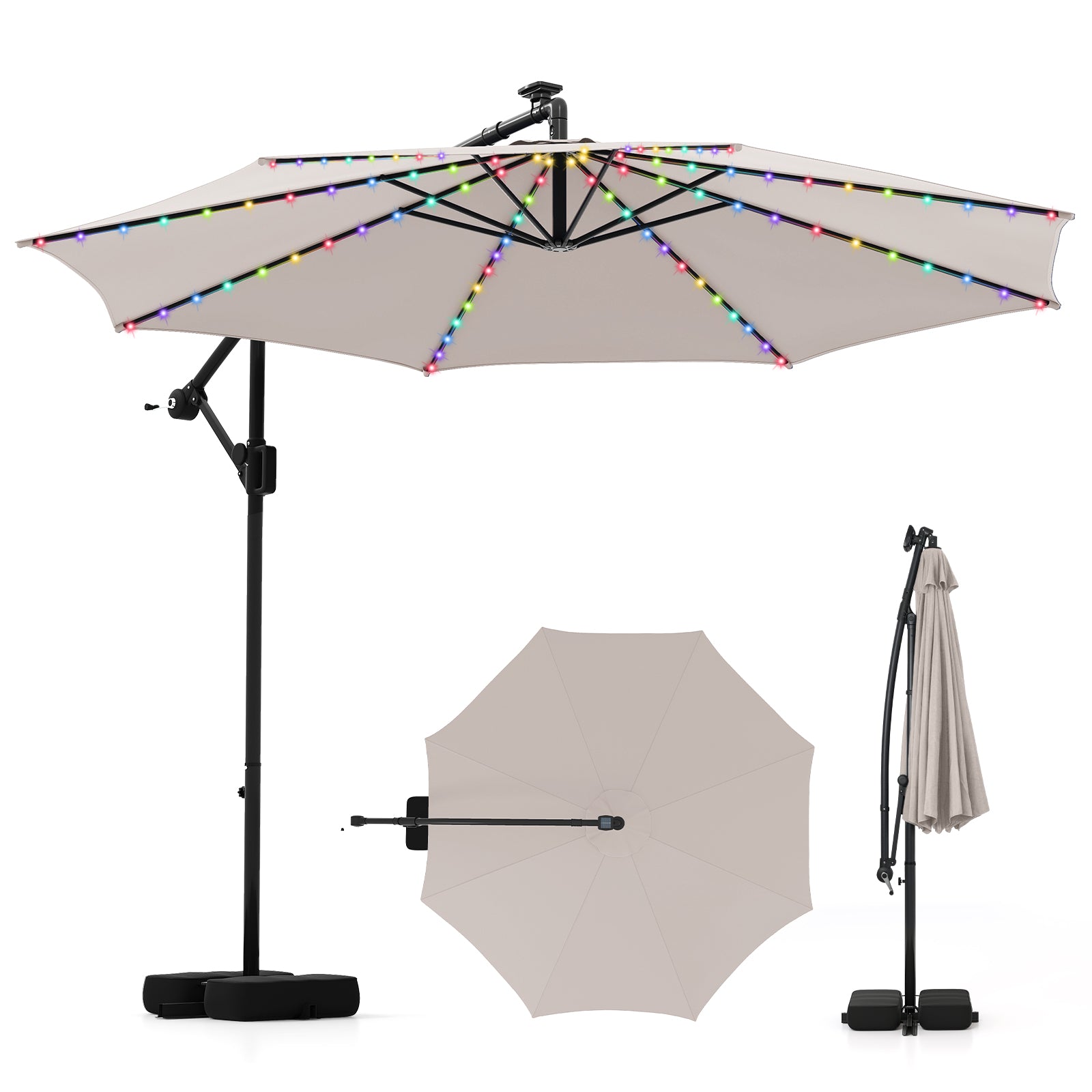 10 Feet Solar Offset Hanging Umbrella with Base and LED Lights, Beige Outdoor Umbrellas Beige at Gallery Canada