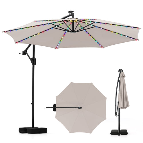10 Feet Solar Offset Hanging Umbrella, With Base And LED Lights, Beige