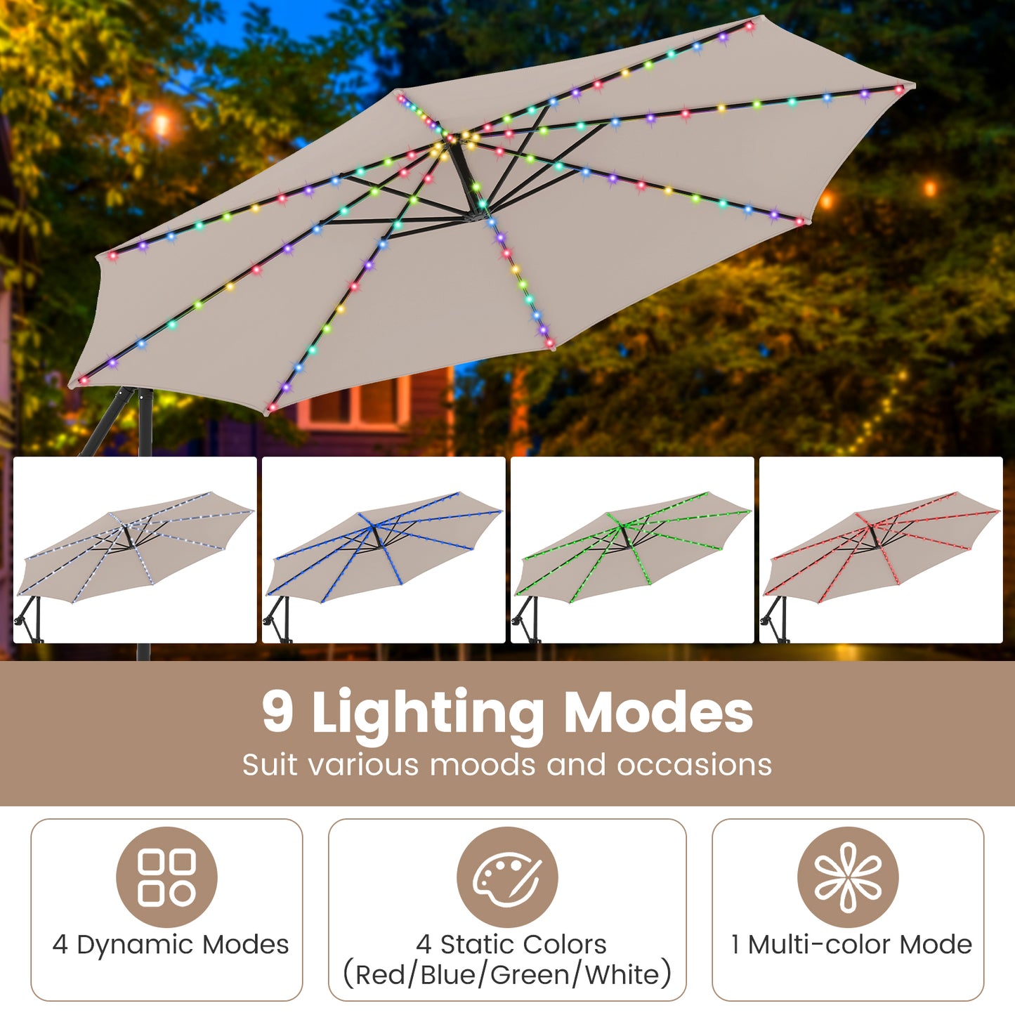 10 Feet Solar Offset Hanging Umbrella with Base and LED Lights, Beige Outdoor Umbrellas at Gallery Canada