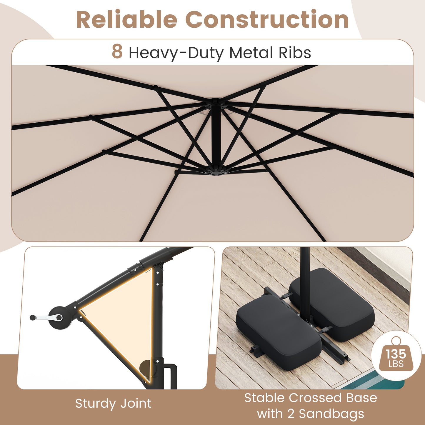 10 Feet Solar Offset Hanging Umbrella with Base and LED Lights, Beige Outdoor Umbrellas at Gallery Canada