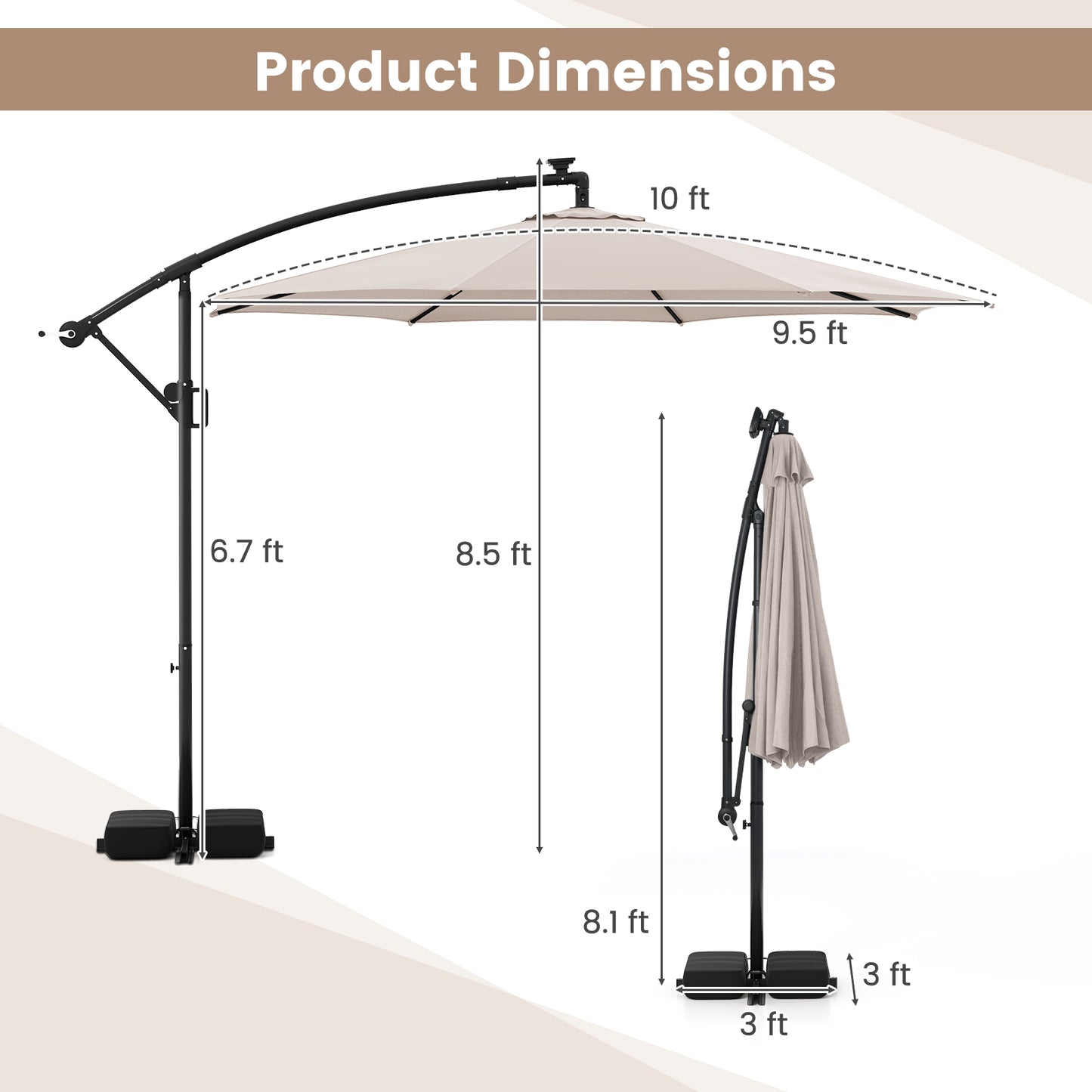 10 Feet Solar Offset Hanging Umbrella with Base and LED Lights, Beige Outdoor Umbrellas at Gallery Canada
