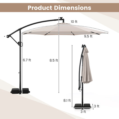 10 Feet Solar Offset Hanging Umbrella with Base and LED Lights, Beige Outdoor Umbrellas at Gallery Canada