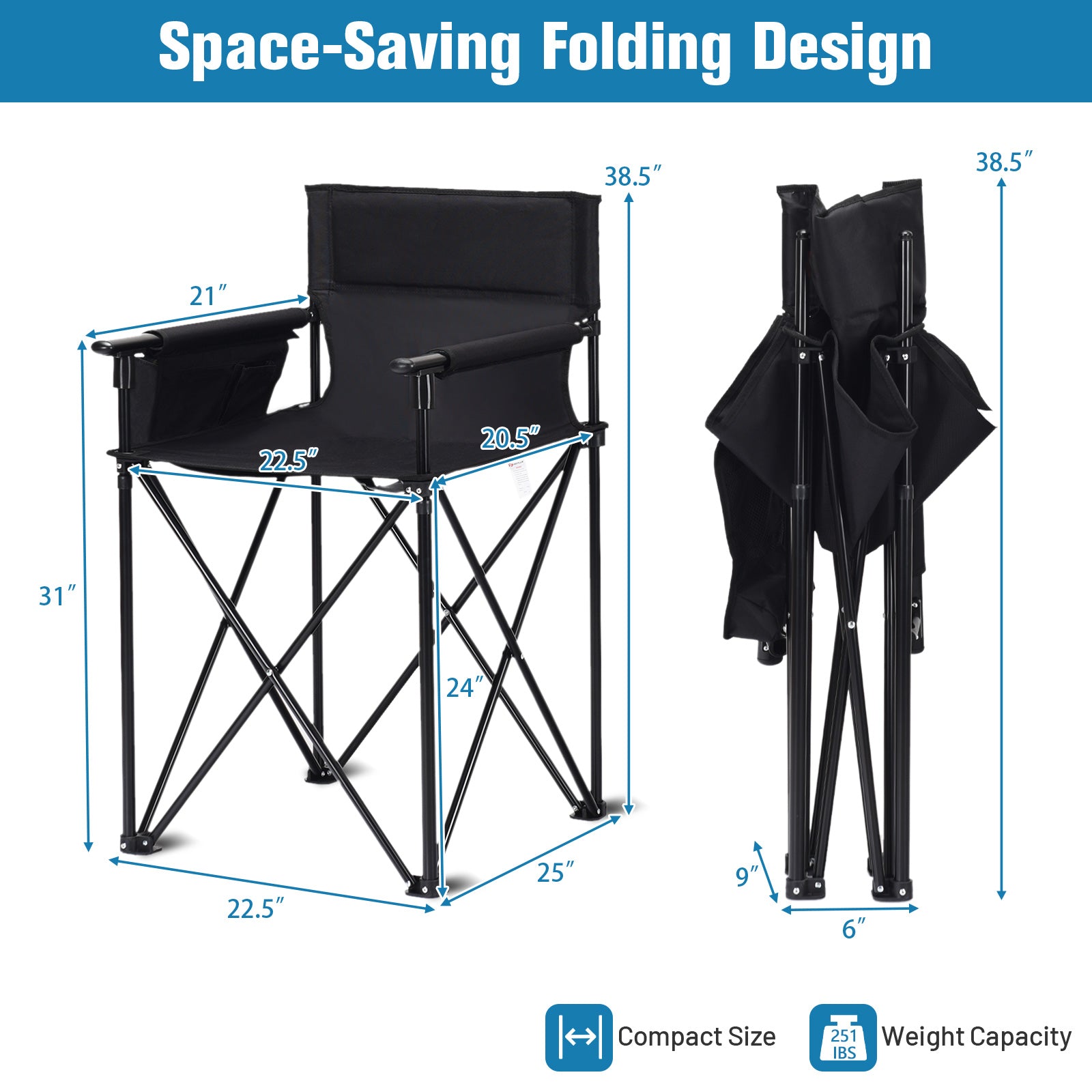 Portable 38 Inch Oversized High Camping Fishing Folding Chair, Black Camping Furniture at Gallery Canada