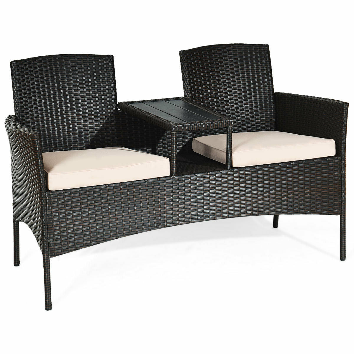Modern Patio Conversation Set, Built-In Coffee Table, Cushions, Beige
