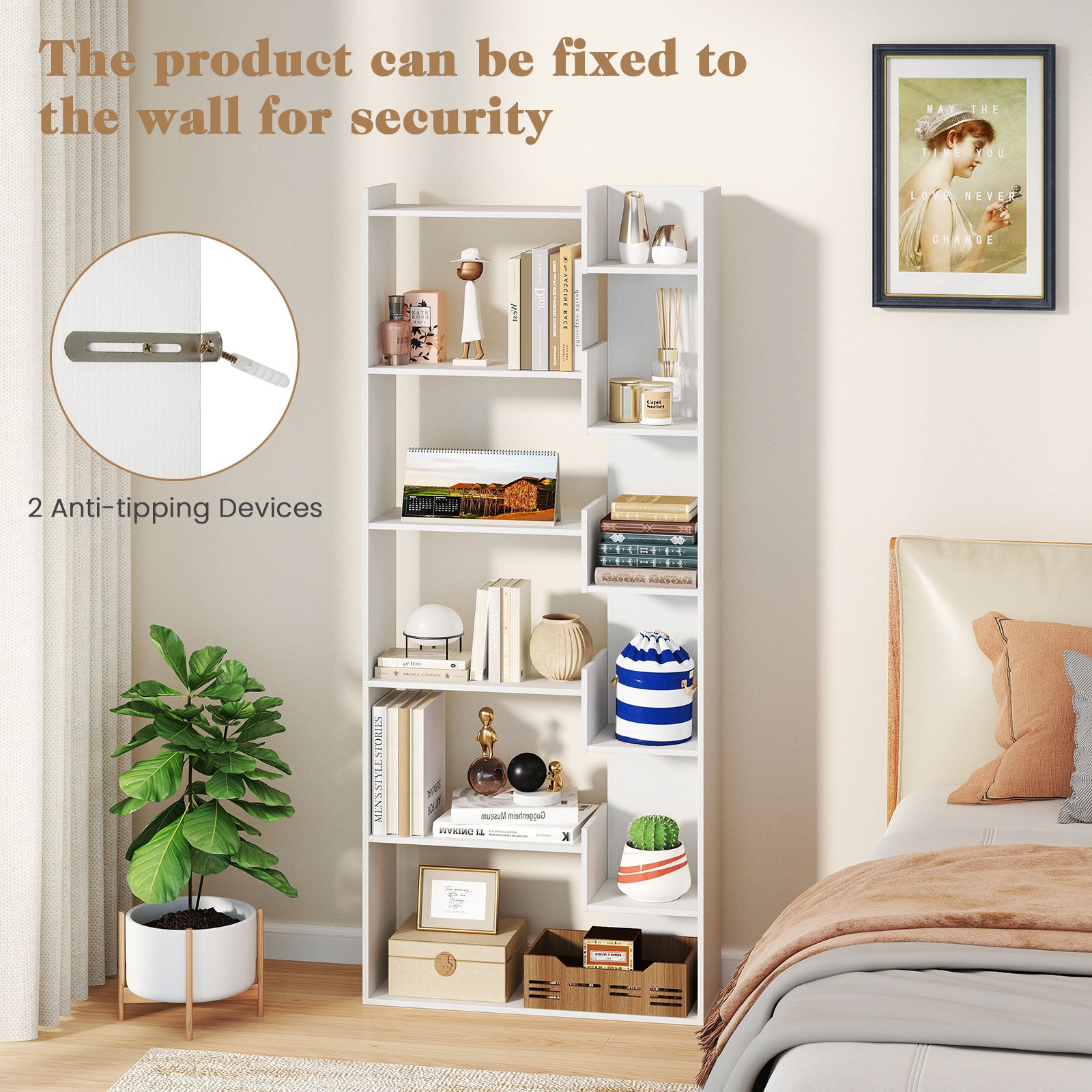 6-Tier Bookshelf Wooden Bookcase with 2 Anti-Tipping Kits Open Display Shelf, White Bookcases at Gallery Canada