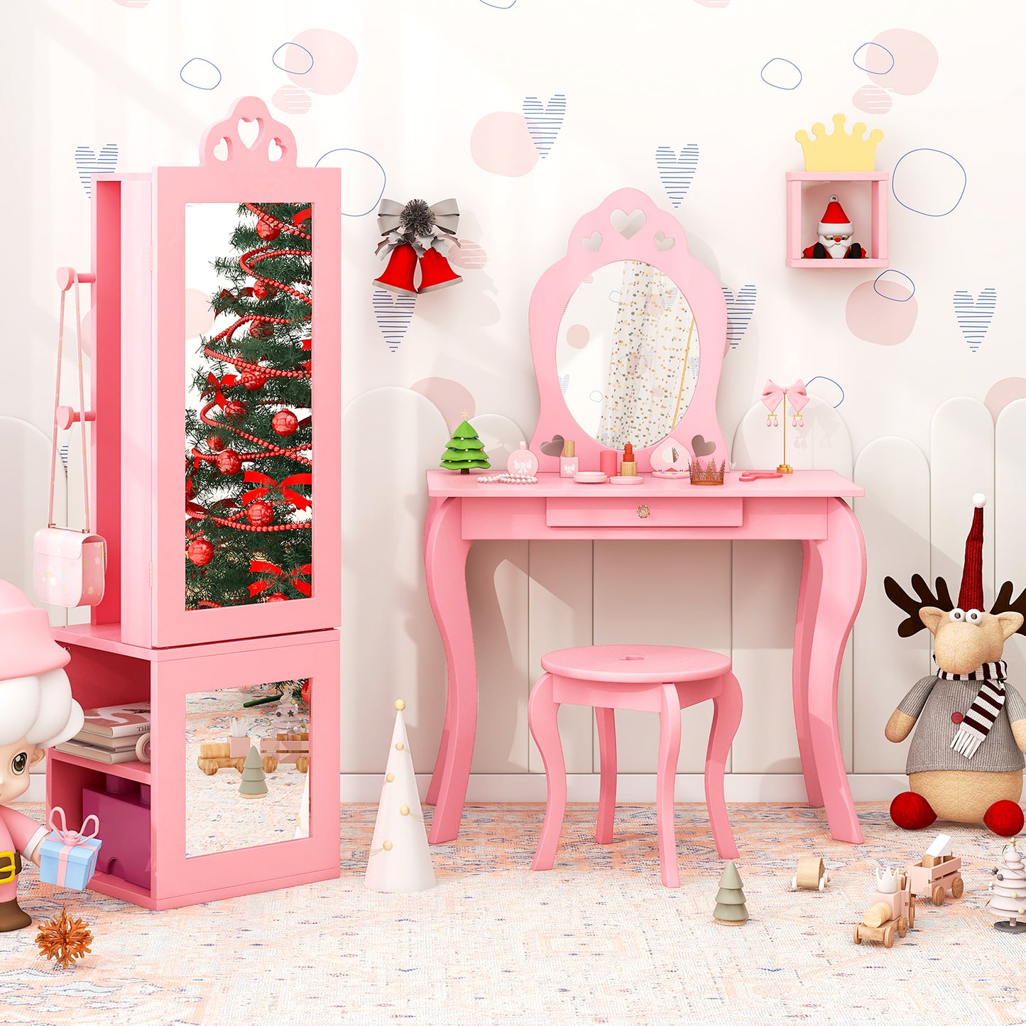 Princess Vanity Table and Stool Set Freestanding Jewelry Cabinet Armoire with Full-Length Mirror, Pink Kids Vanities at Gallery Canada